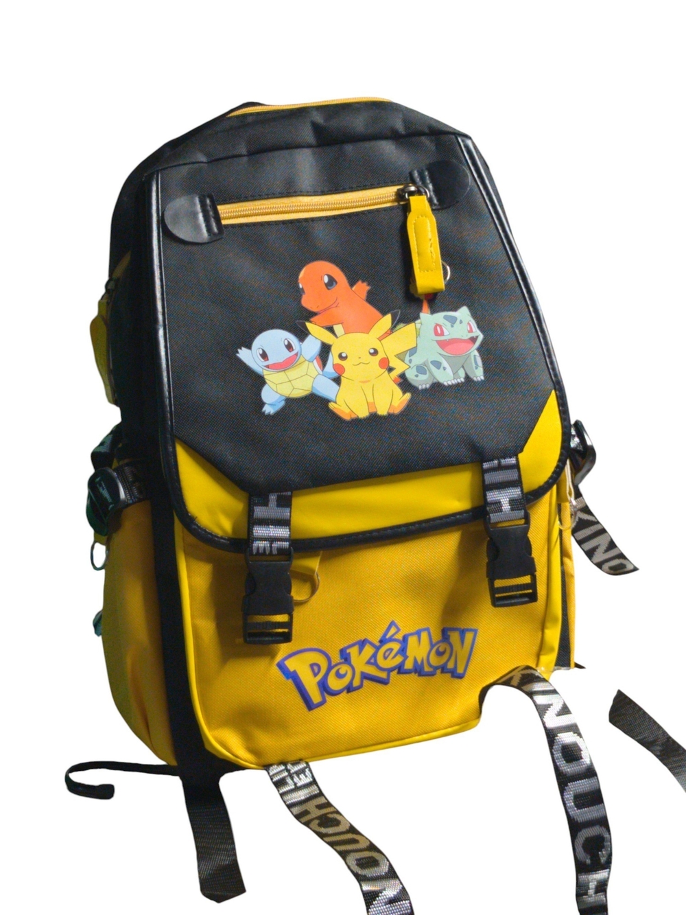 Yellow & Black Kids Backpack with Pikachu, Charmander, Squirtle & Bulbasaur